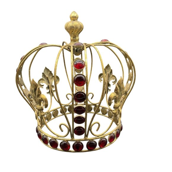 Gold Metal and Faux Ruby Crown Fleur-De-Lis Royal Design Piece Decor Costume - Picture 1 of 6